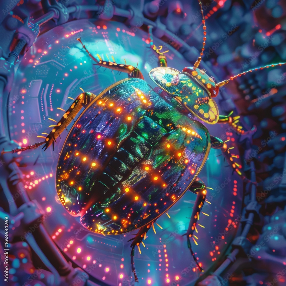 Poster glow-in-the-dark sci-fi cockroach in neon bio-lab - illustration of a bioluminescent cockroach explo