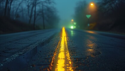 A yellow glowing neon light line on the asphalt of an empty road at dusk, symbolizing hope and adventure.