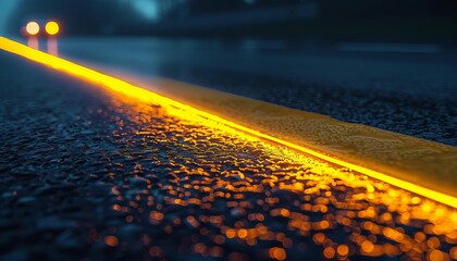 A yellow glowing line on the asphalt road illuminated its surroundings with soft light. The scene was captured from an extreme close-up perspective