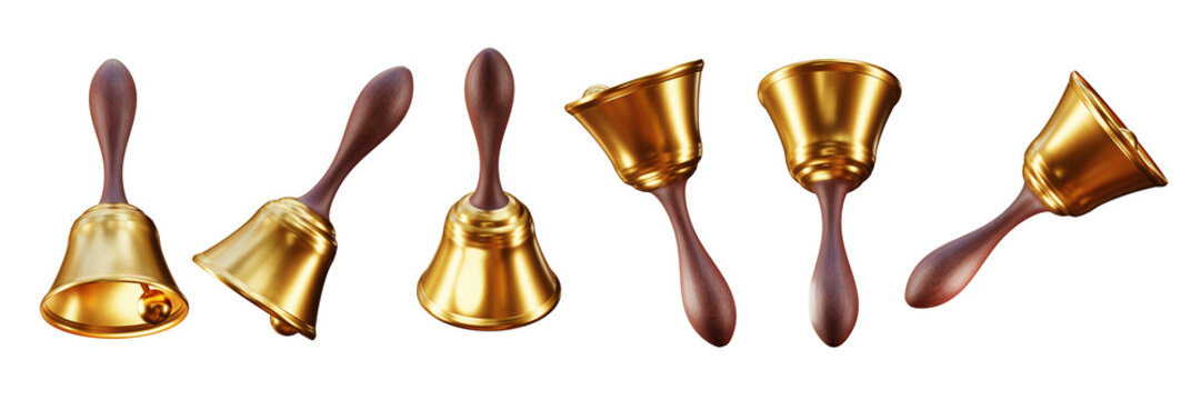 set of golden handbell object 3D rendering