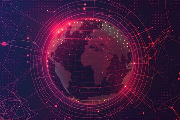 Fototapeta premium seamless pattern flat illustration style, world map A globe of a planet surrounded by neural neon nexus 