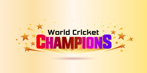 Modern world cricket sports champion logo 3d text with golden sparkle celebration background.