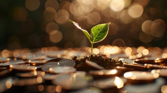 Business growth concept plant growing out of a pile of coins