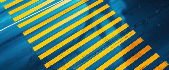 Bold yellow and blue diagonal lines on a road surface, creating a striking abstract pattern. Urban design concept with copy space.