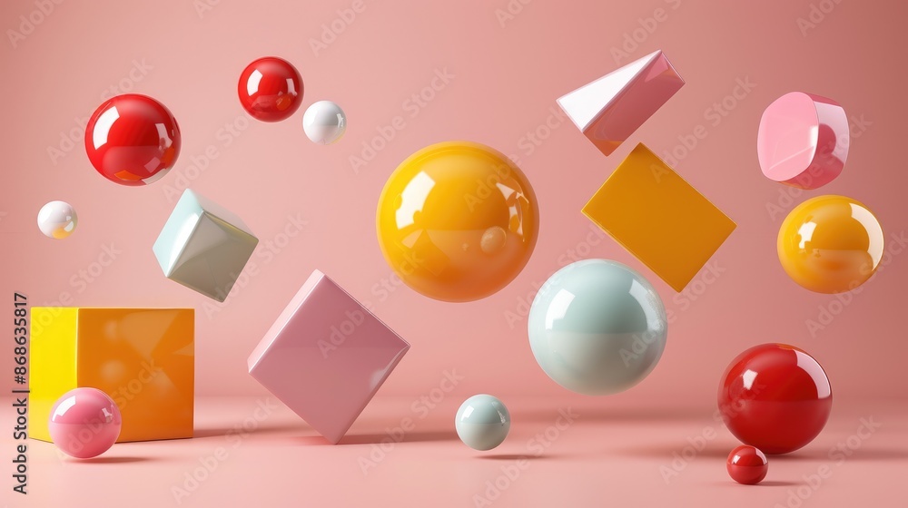 Poster Floating geometric shapes various shapes hovering in an open space
