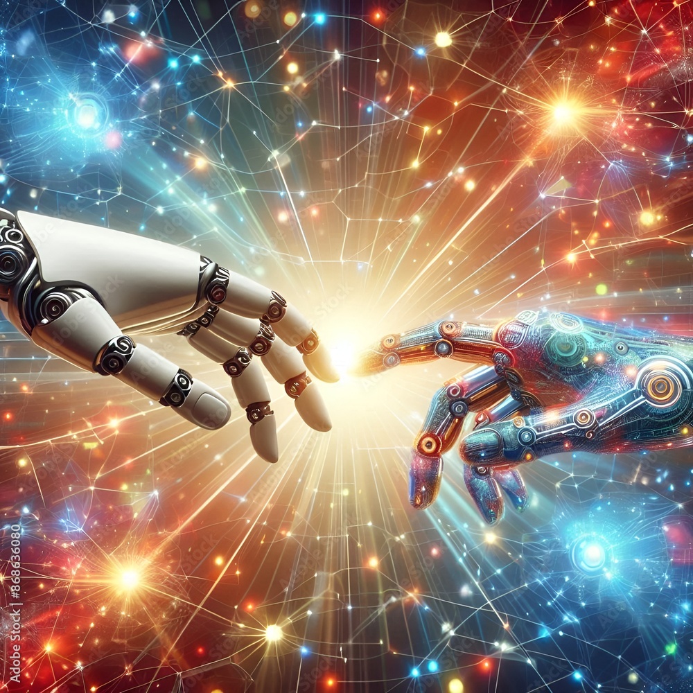 Poster two robots holding hands against a starry background.