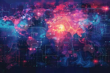 Fototapeta premium seamless pattern flat illustration style, world map Metaverse digital world cyber space background, neon colorful global world in cyber space, future 