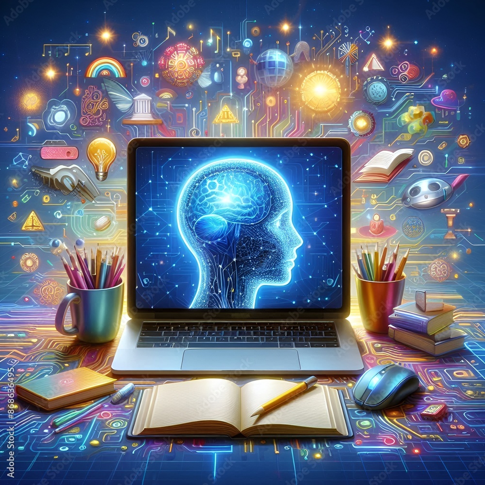 Poster a laptop displaying a brain and a human head on the screen, surrounded by icons and other objects.