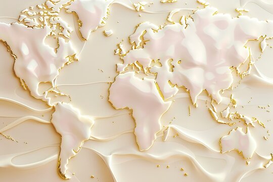 seamless pattern flat illustration style, world map 3D pale pink with gold liquid background , fluid splash, swirl on white. Luxury golden flow. luxus gold background dynamic flow wave 3d