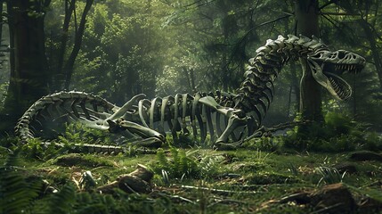 A skeleton of giant snake in the green forest with round of trees very detailed and realistic shape