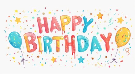 Colorful "Happy Birthday" Text with Confetti, Stars, and Balloons, Clip Art Style