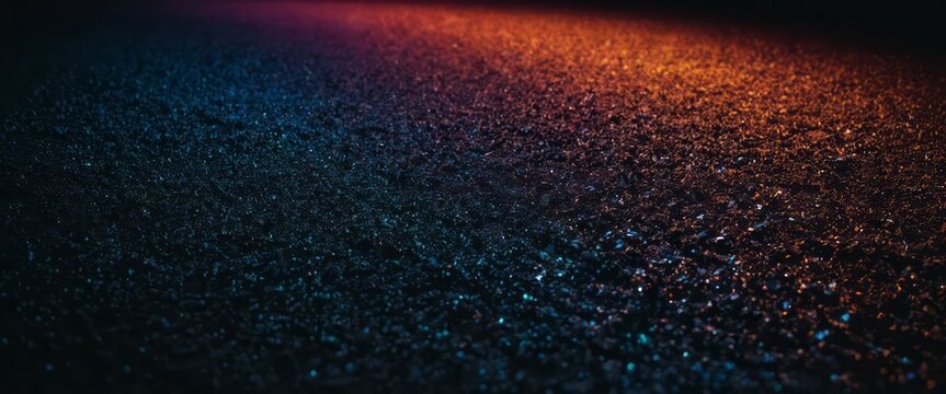A close up shot of dark asphalt lit by red and blue lights at night, creating a sparkling effect