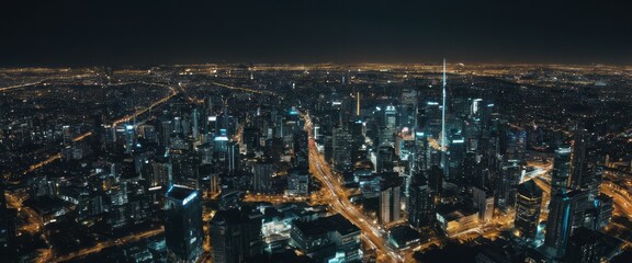 Fototapeta premium An aerial view of a city at night, showcasing numerous illuminated buildings and roads