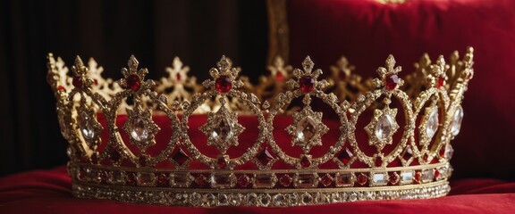 Obraz premium A close-up of a gold and ruby jeweled crown sitting on red velvet