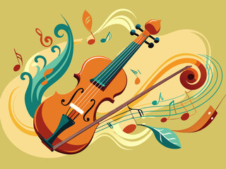 A violin with a bow and flowing musical notes