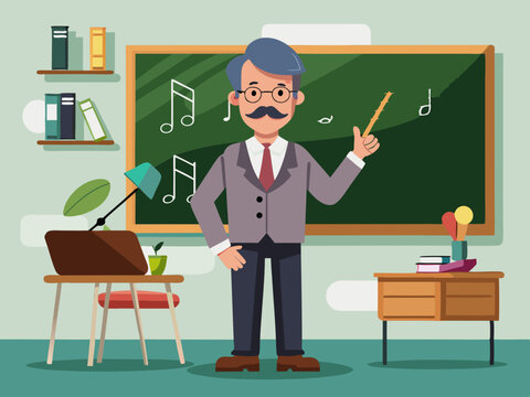 A music teacher with a chalkboard