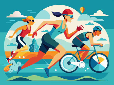 A triathlete swimming, cycling, and running