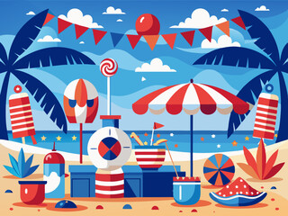 A beach party with red, white, and blue decorations