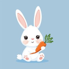 Vector illustration of a bunny with oversized ears holding a carrot on a light blue background