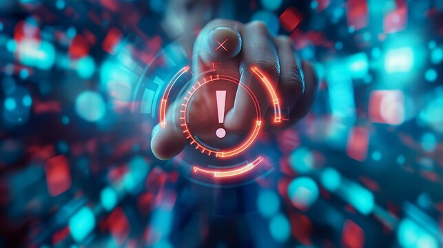 Businessman and exclamation mark for error notification and technology maintenance concept.