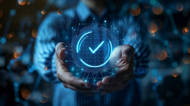 Businessman select the icon on the virtual display. Standard quality control. Certification. Business, technology, internet and networking concept.