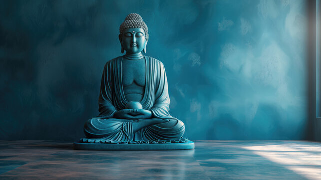 Buddha statue in a blue room with copy space for text