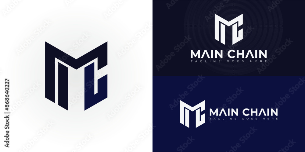 Poster abstract initial letters mc or cm logo in blue color isolated on multiple background colors. the log