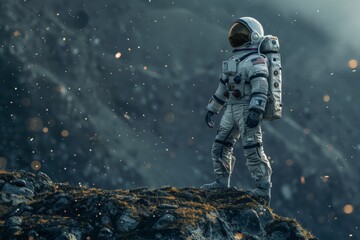 Naklejka premium An astronaut in a space suit standing on alien terrain, exploring unknown landscapes.