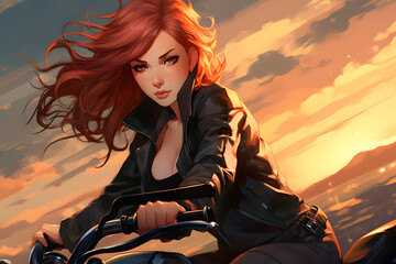 red head anime woman on motorcycle, redhead ginger woman