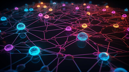 represents an AI decision-making network, with interconnected nodes glowing in various colors.