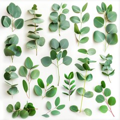 Fresh eucalyptus leaves set isolated, eucalyptus twigs, leaf, branches collection, decorative foliage
