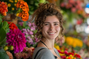Fototapeta premium A vibrant flower shop scene with a young woman florist salesperson, surrounded by cheerful, colorful floral arrangements. The atmosphere is fresh and bright, with natural lighting enhancing the floral