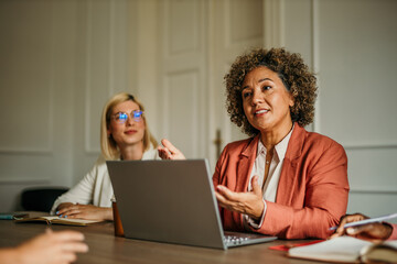 Two businesswomen doing a job interview in the office and talking with a client