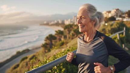 Fototapeta premium A senior woman is jogging along a picturesque beach promenade focusing on fitness and cardio health