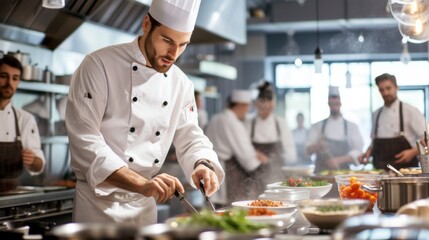 Male chef masterfully demonstrates cooking techniques in a well-equipped cooking class