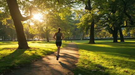 A woman energetically jogging in a picturesque city park early in the morning focusing on fitness health and the serene beauty of nature