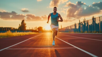 Fototapeta premium A male athlete determinedly running on a track at sunset focusing on endurance training and achieving fitness goals