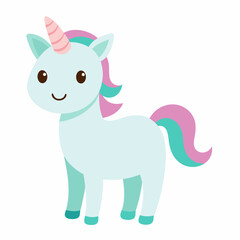 A cute unicorn with a pink horn and tail stands on a white background