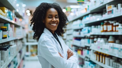 A female pharmacist kindly assisting a woman customer in a bright and welcoming pharmacy providing expert healthcare advice and medication service