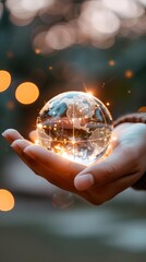 Fototapeta premium A hand holding a glowing crystal ball with bokeh lights in the background.