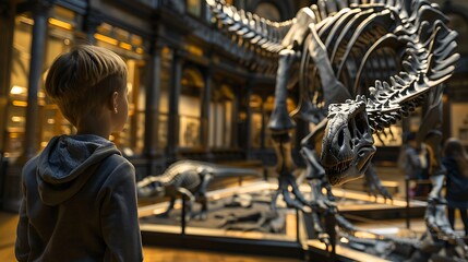 Naklejka premium A youngster in a fossils museum observes a big dinosaur with interest very detailed and realistic shape