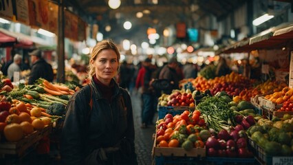 Obraz premium Bauernmarkt mit frischem Obst und Gemüse an einem frühen Morgen