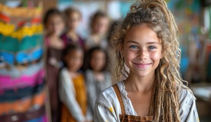 Obraz premium Happy Multiracial Child with Dreadlocks Smiling in Classroom, Diverse Group of Children in Background, Bright and Colorful Setting 