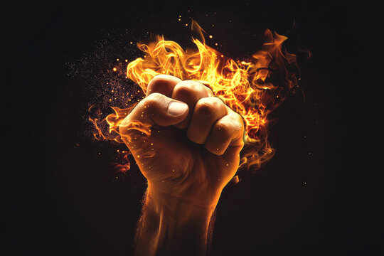 Power in man's hands, fist of fire in black background.