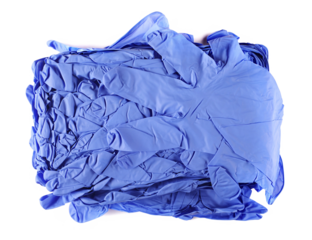 Blue surgical gloves heap isolated on white, top view 