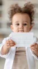Fototapeta premium Adorable baby girl in white coat holding blank card.