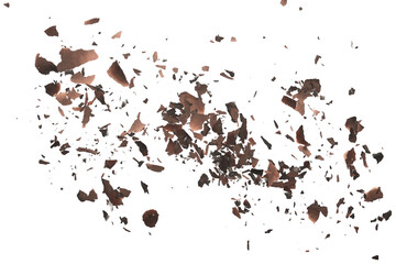 Burned, charred paper scraps isolated on white background, top view
