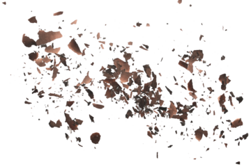 Burned, charred paper scraps isolated on white background, top view
