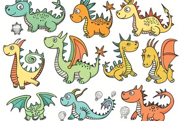 Funny dragons doodle set, cartoon dino, graphic dinosaurs isolated, monster animals
