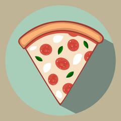 Vector illustration of pizza with mozzarella, pepperoni, cheese, basil, on mint green plate on light brown background. Italian classic traditional food, fast food